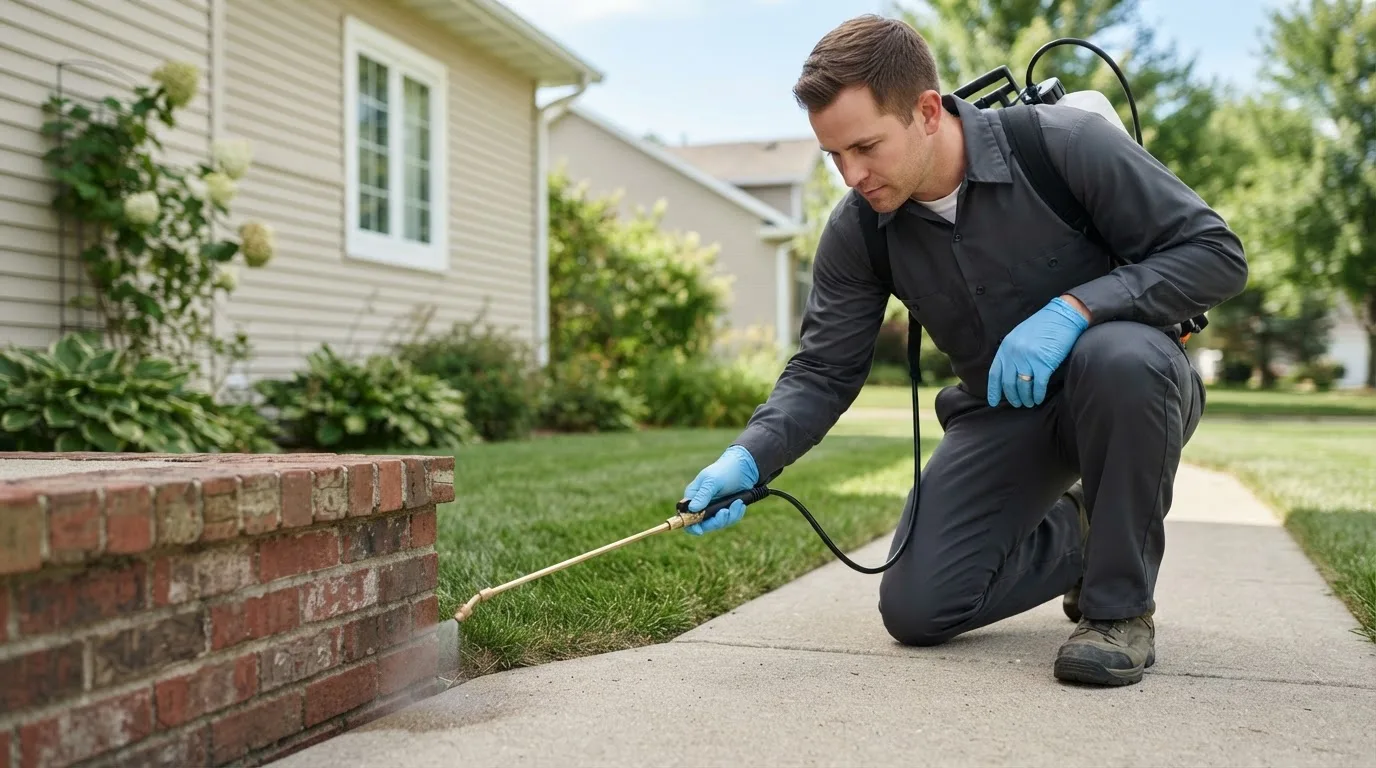 Pest control technician treating a home near Petroleum, WV