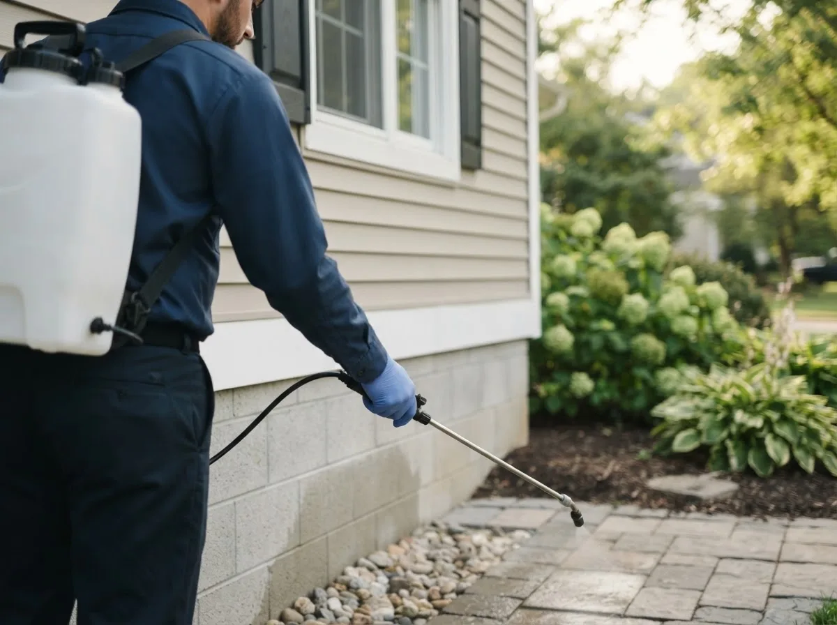 Pest control technician inspecting a home in Petroleum, WV